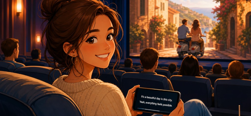 Person at cinema reading subtitles on phone